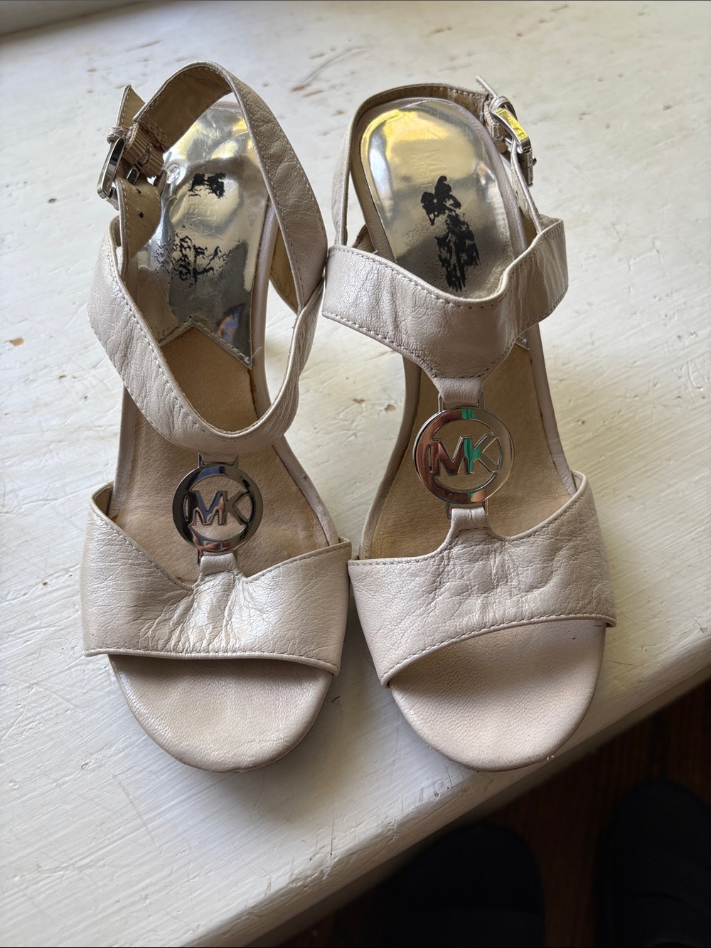 Michael Kors Beige Leather T-Strap Sandals with MK Logo